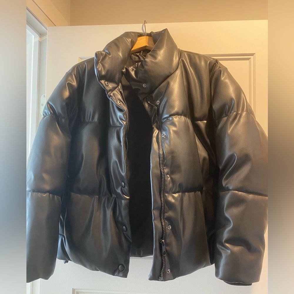 Black vegan leather bomber jacket